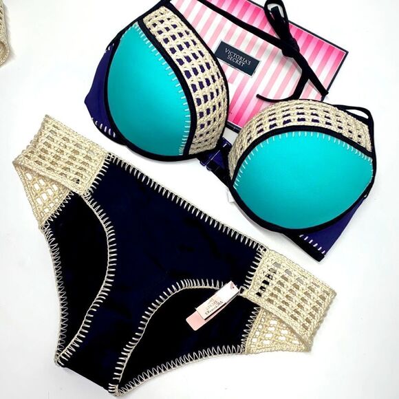 🔥🏖VICTORIA SECRET  swimsuit The Fabulous/push-up  cheeky  green/purple New - Picture 1 of 8